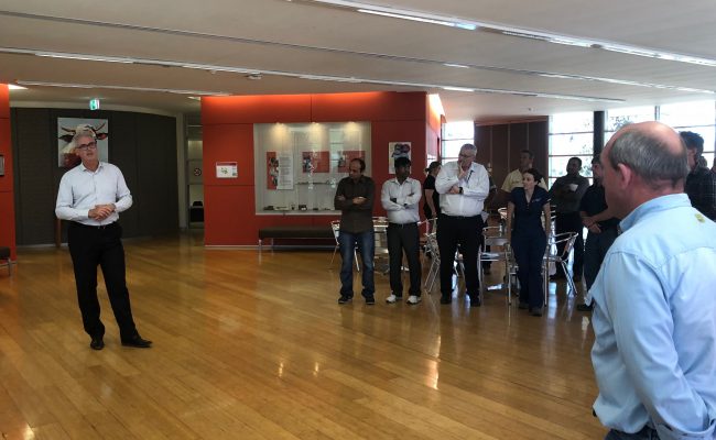 Prof Allen speaking to staff at the Camden morning tea 300×259